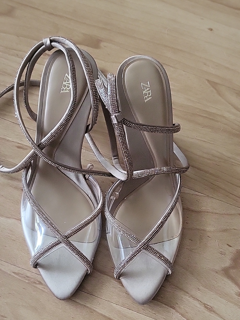 Zara Metallic Rose Gold Strappy Heeled Sandals with Clear Toe
